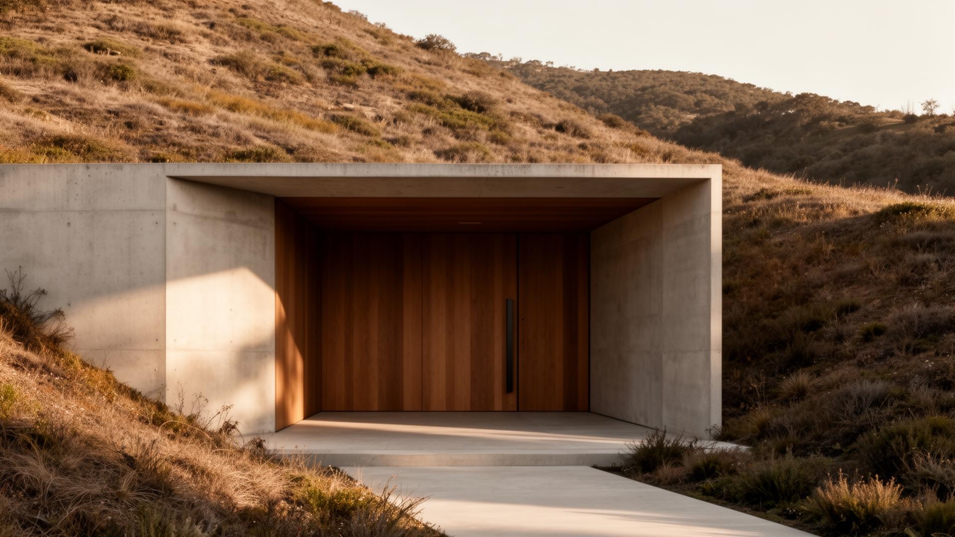 A concealed bunker entrance integrated into a remote alpine landscape at blue hour.